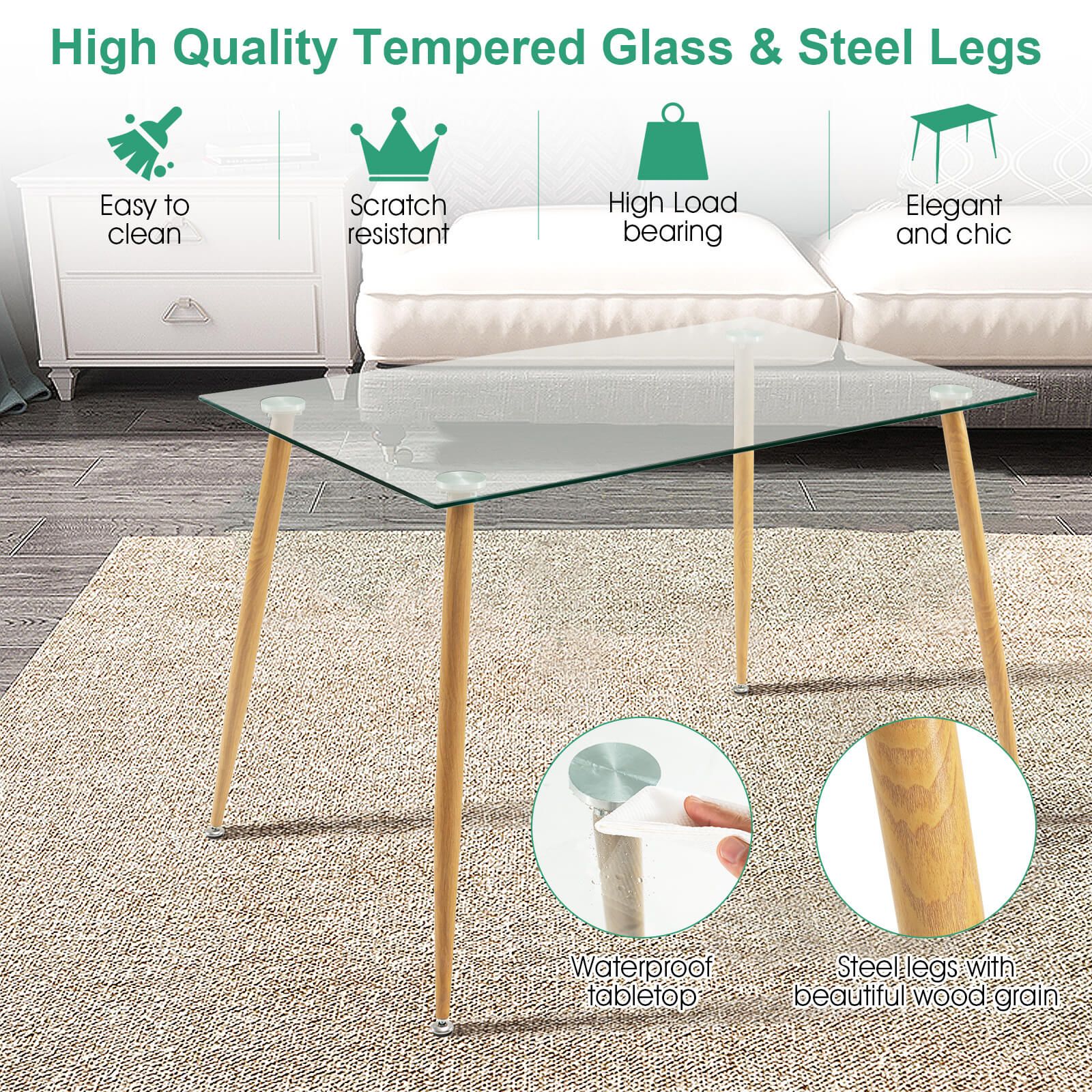Modern Glass Dining Table with Wood Grain Steel Legs